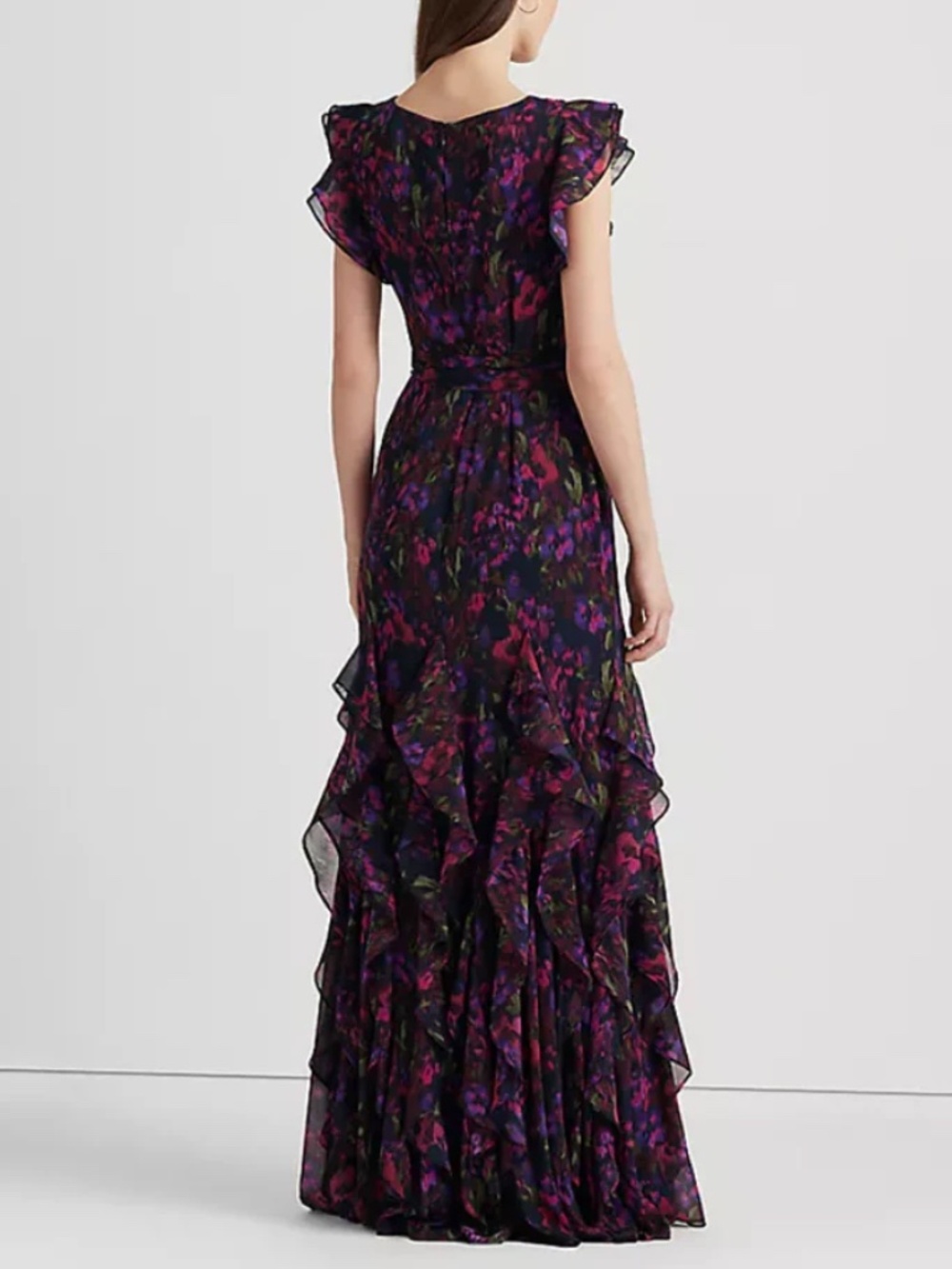 Ralph Lauren Georgette Dress Long Formal Ruffle Flutter Floral 6 - Picture 2 of 14